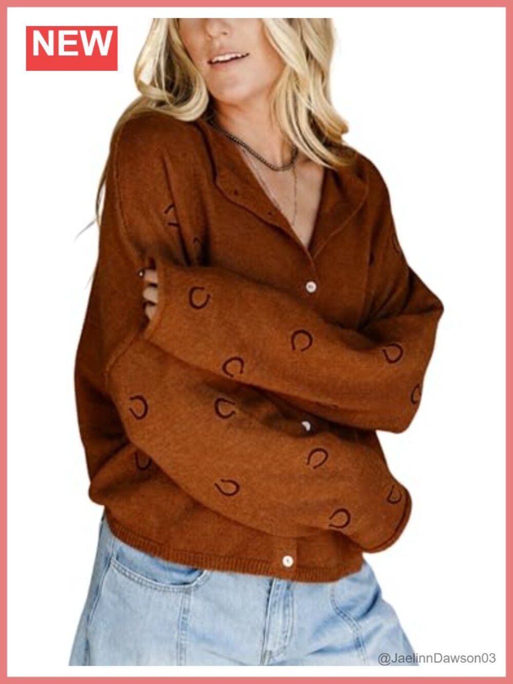 Women's Long Sleeve Cardigan Full Button Closure Horseshoe Embroidery Sweater